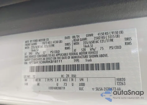 2024 Ford Transit-250 из США, поврежденный, VIN 1FTBR1C86RKB18111